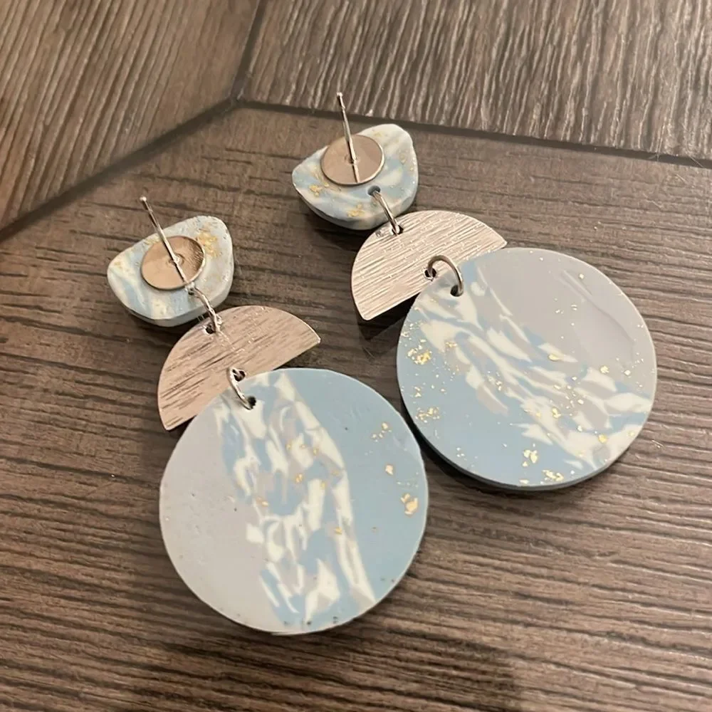 Soft Pottery Material Blue Marbled With Gold Foil Accent Geometric Drop Earrings